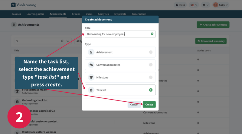 Step two of creating a task list in Vuolearning platform