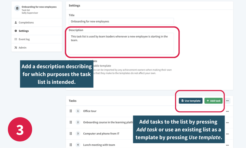 Step three of creating a task list in Vuolearning platform