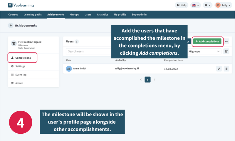 Step four of creating milestones on the Vuolearning platform
