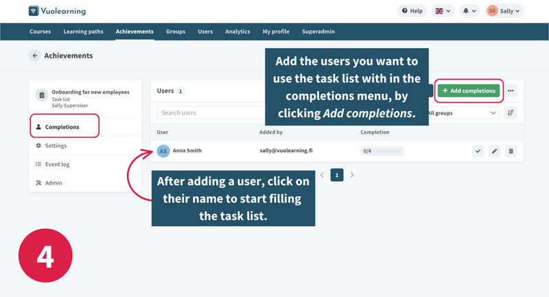 Step four of creating a task list in Vuolearning platform