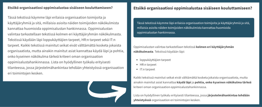 Tekstin korostaminen Vuolearning-alustalla