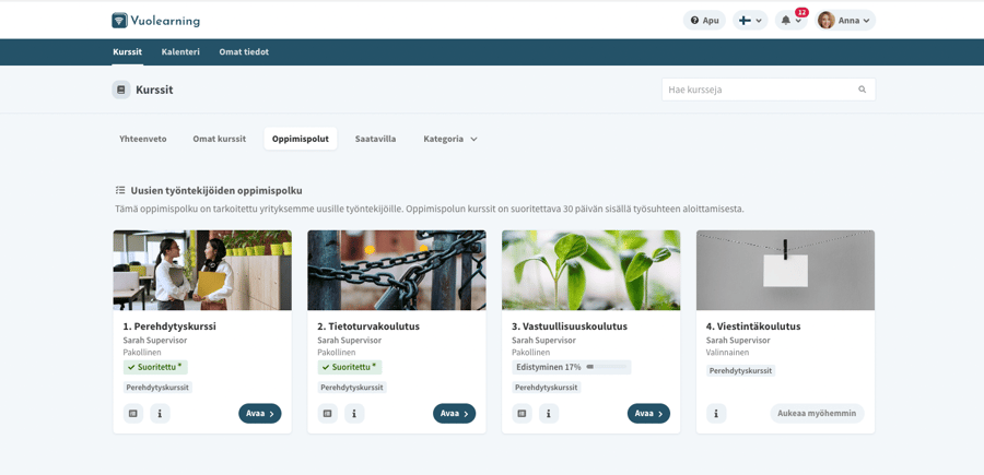 Esimerkkikuva oppimispolusta Vuolearning-alustalla