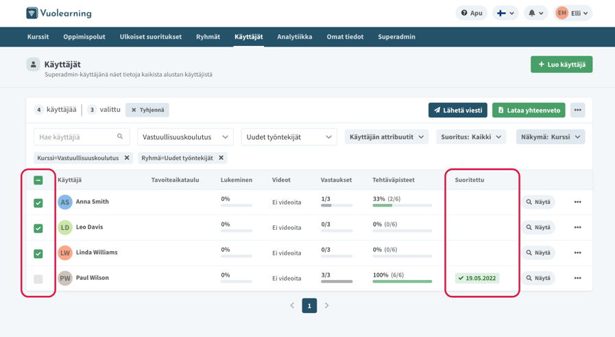 Kurssianalytiikka Vuolearning-alustalla