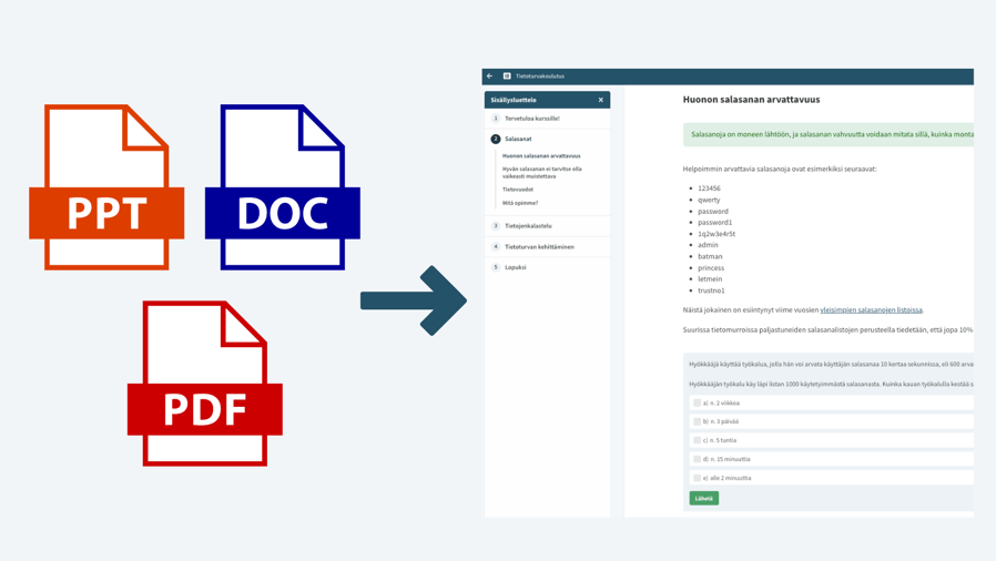 Voit muuttaa PPT-, PDF- ja DOC-tiedostot helposti monipuolisiksi verkkokursseiksi Vuolearning-alustalla