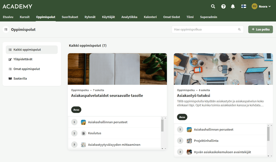 Oppimispolkunäkymä Vuolearning-oppimisympäristössä