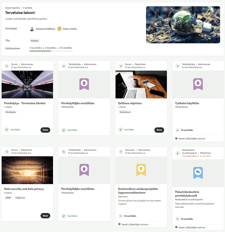 Esimerkki oppimispolusta Vuolearning-oppimisympäristössä