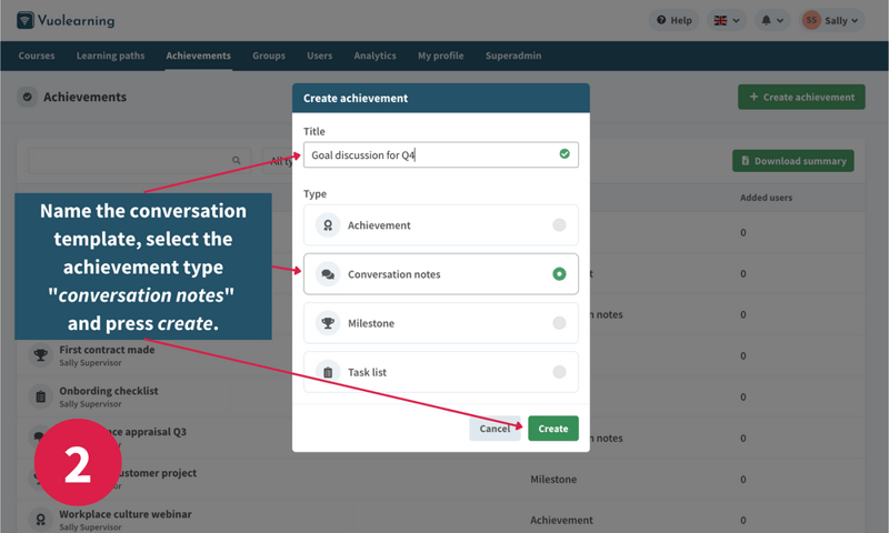 Step two of creating conversation notes on the Vuolearning platform