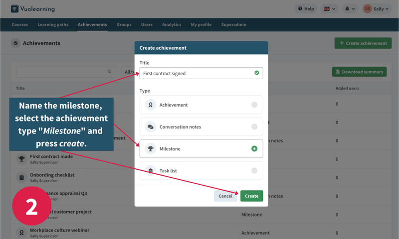 Step two of creating milestones on the Vuolearning platform