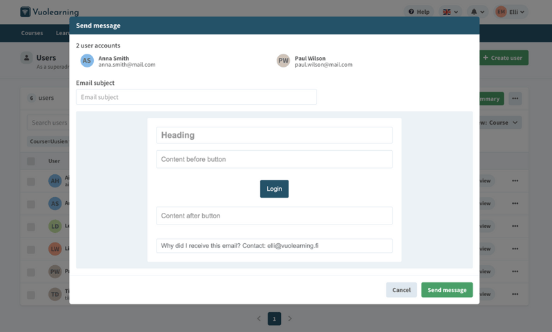 How to edit the content of a message in the Vuolearning platform