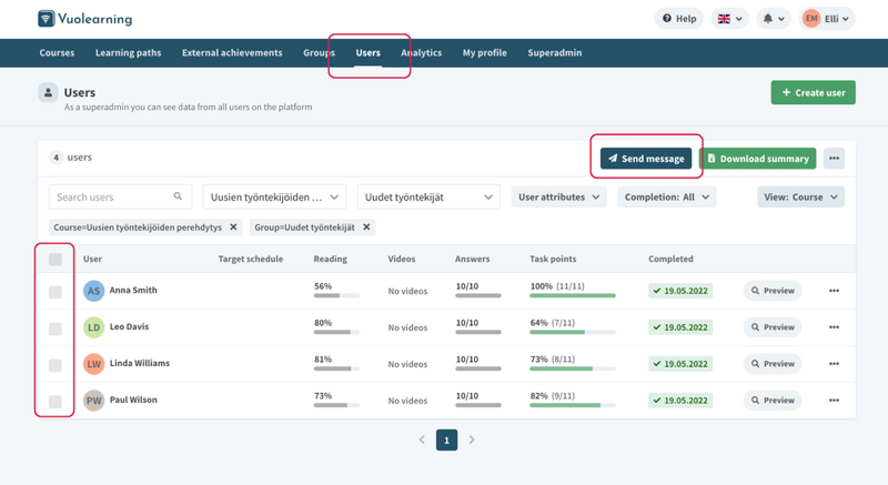 How to send a message to selected users on the Vuolearning online learning platform