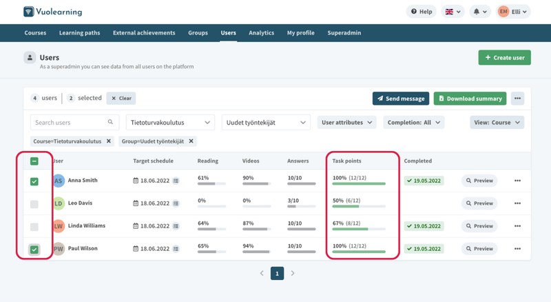 Image of task points in the Vuolearning platform