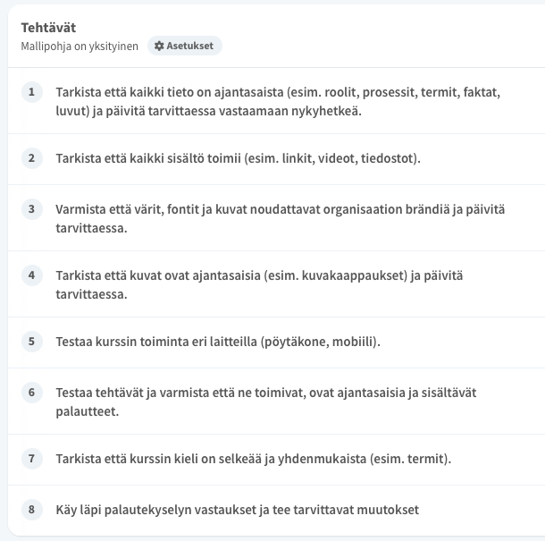 Tehtävälista verkkokurssin päivittämiseen