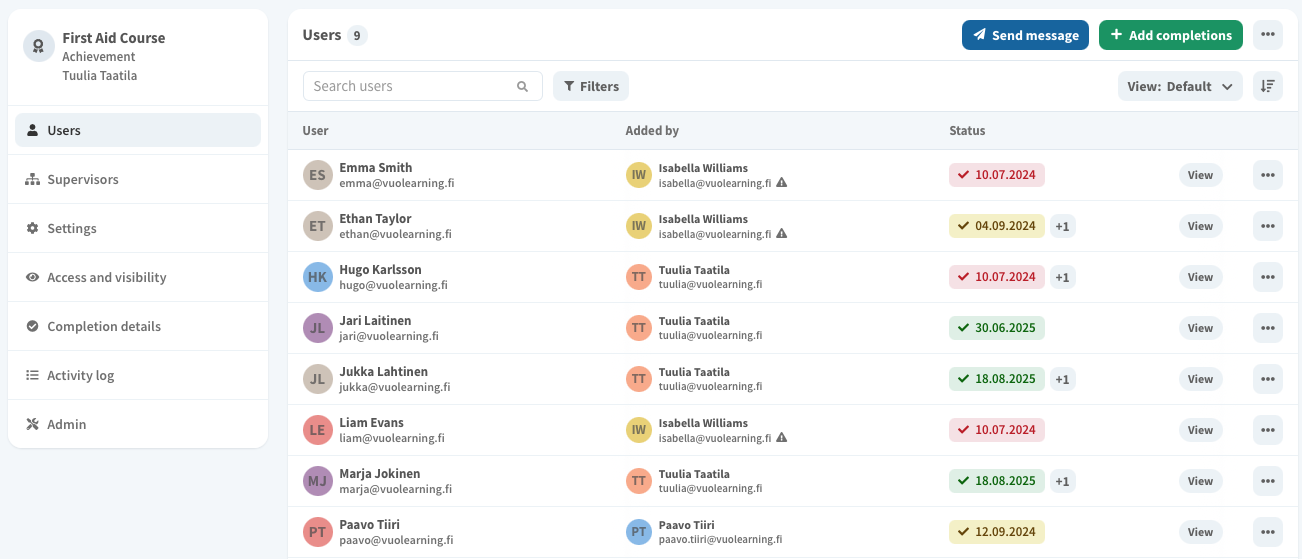Online course user status Vuolearning platform