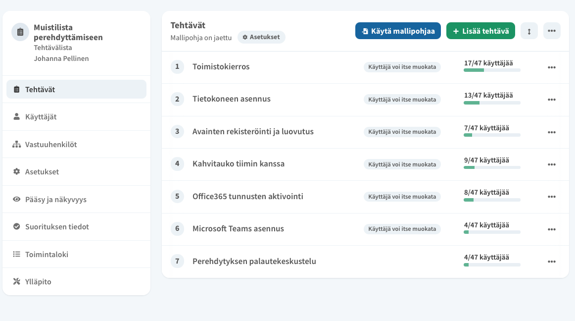 tehtävänäkymä ylläpitäjä